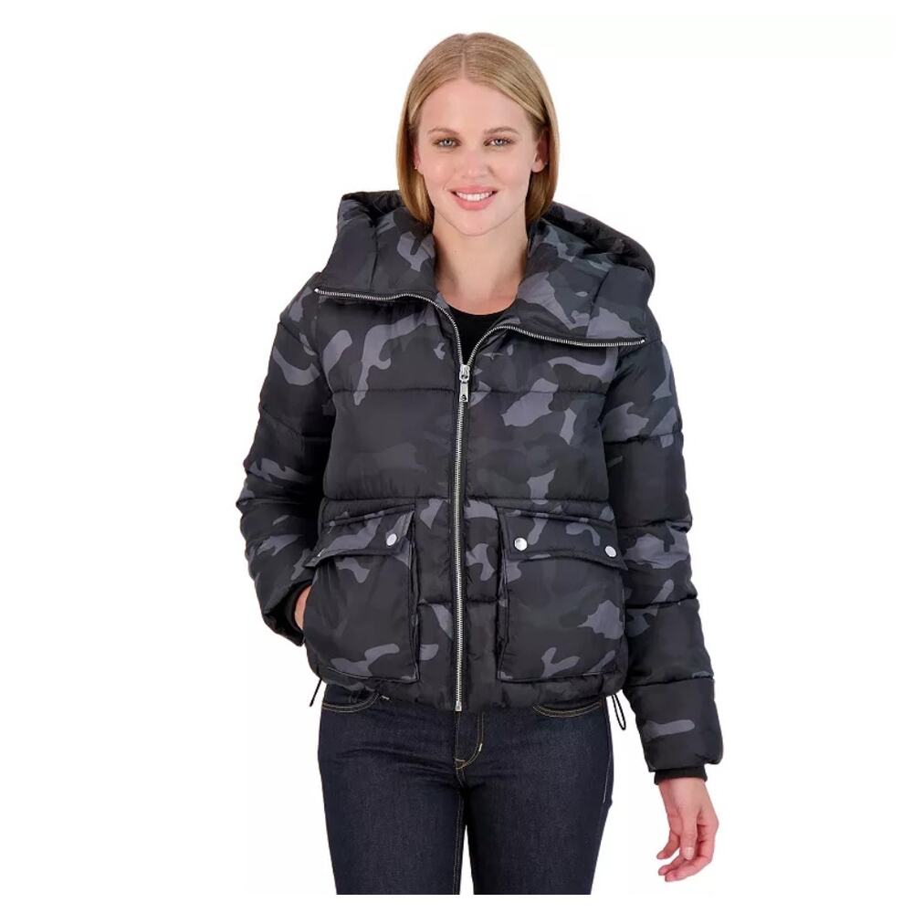 Sebby Hooded Crop Puffer Jacket Black Camo Full Zip Outdoor Gorp Womens Size M